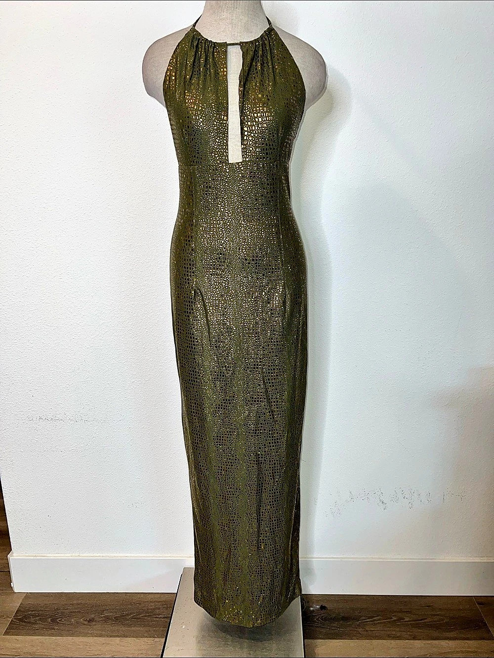 Cache Vintage Green & Gold Reptilian Print Halter Maxi Dress